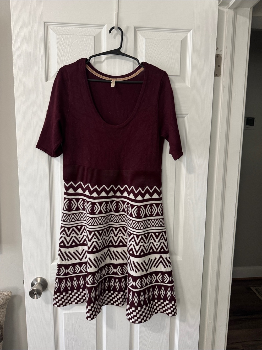 Xhilaration Maroon and Cream Scoop-Neck Patterned Knit Midi Dress